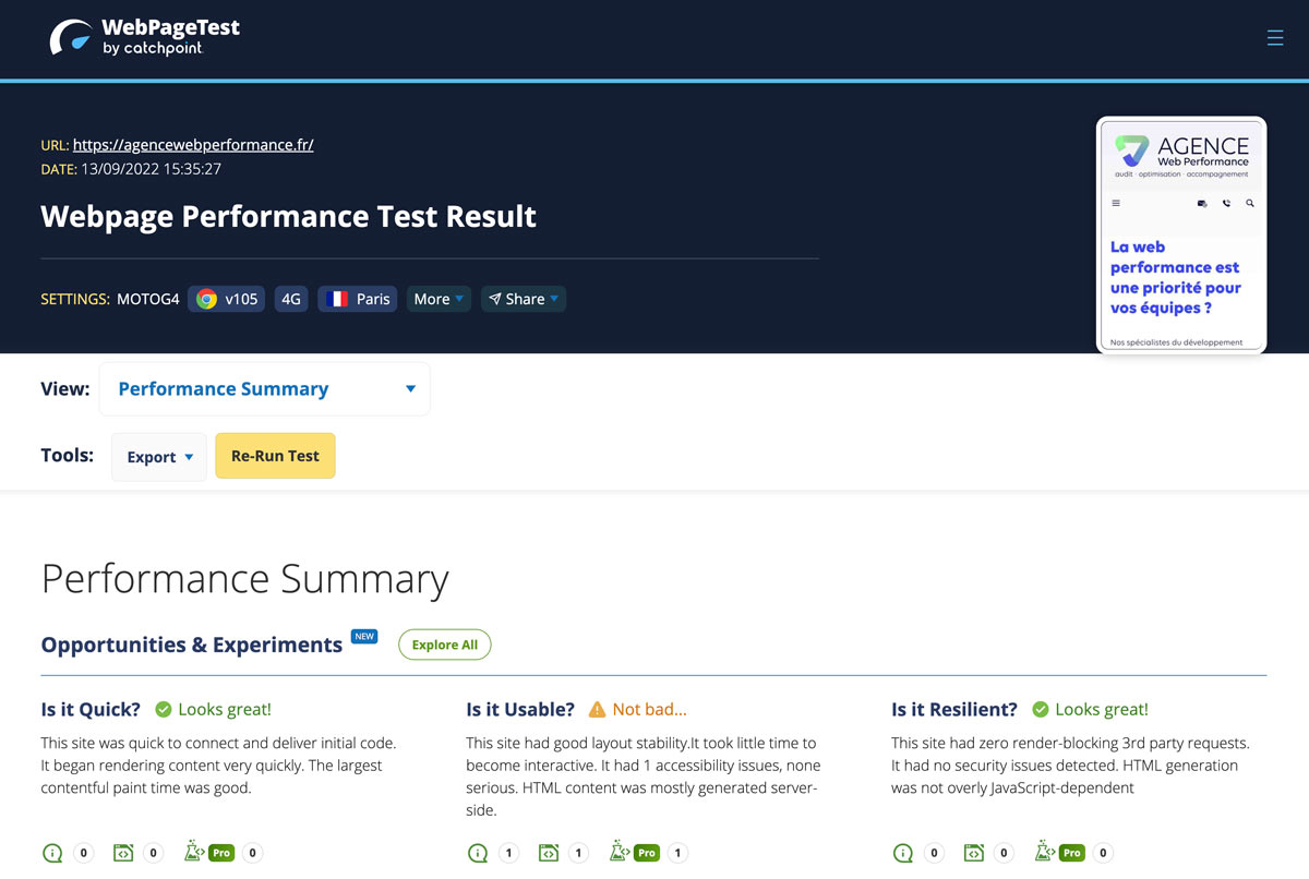 Capture d'écran du rapport WebPageTest de l'Agence Web Performance