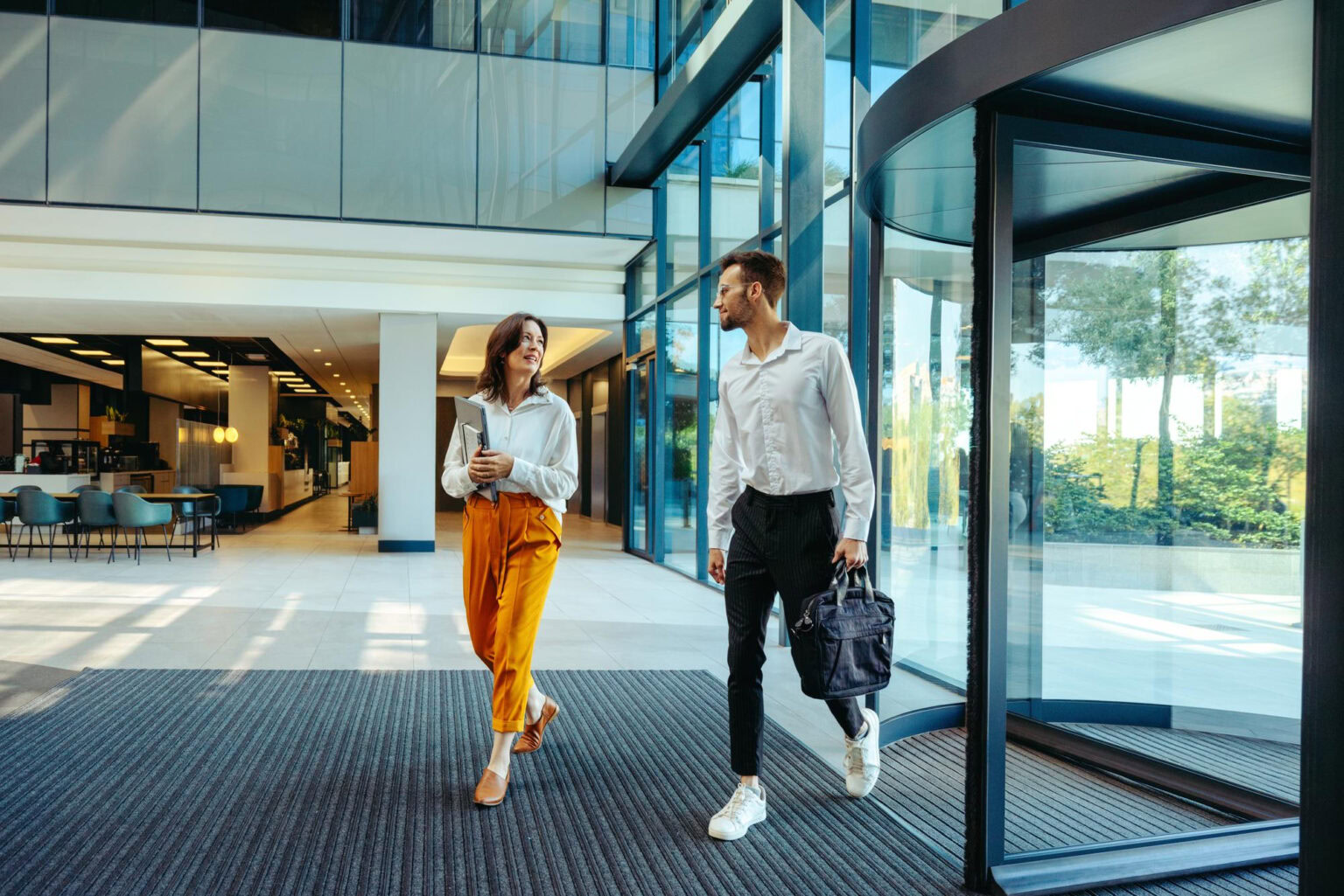 Employees enter their premises
