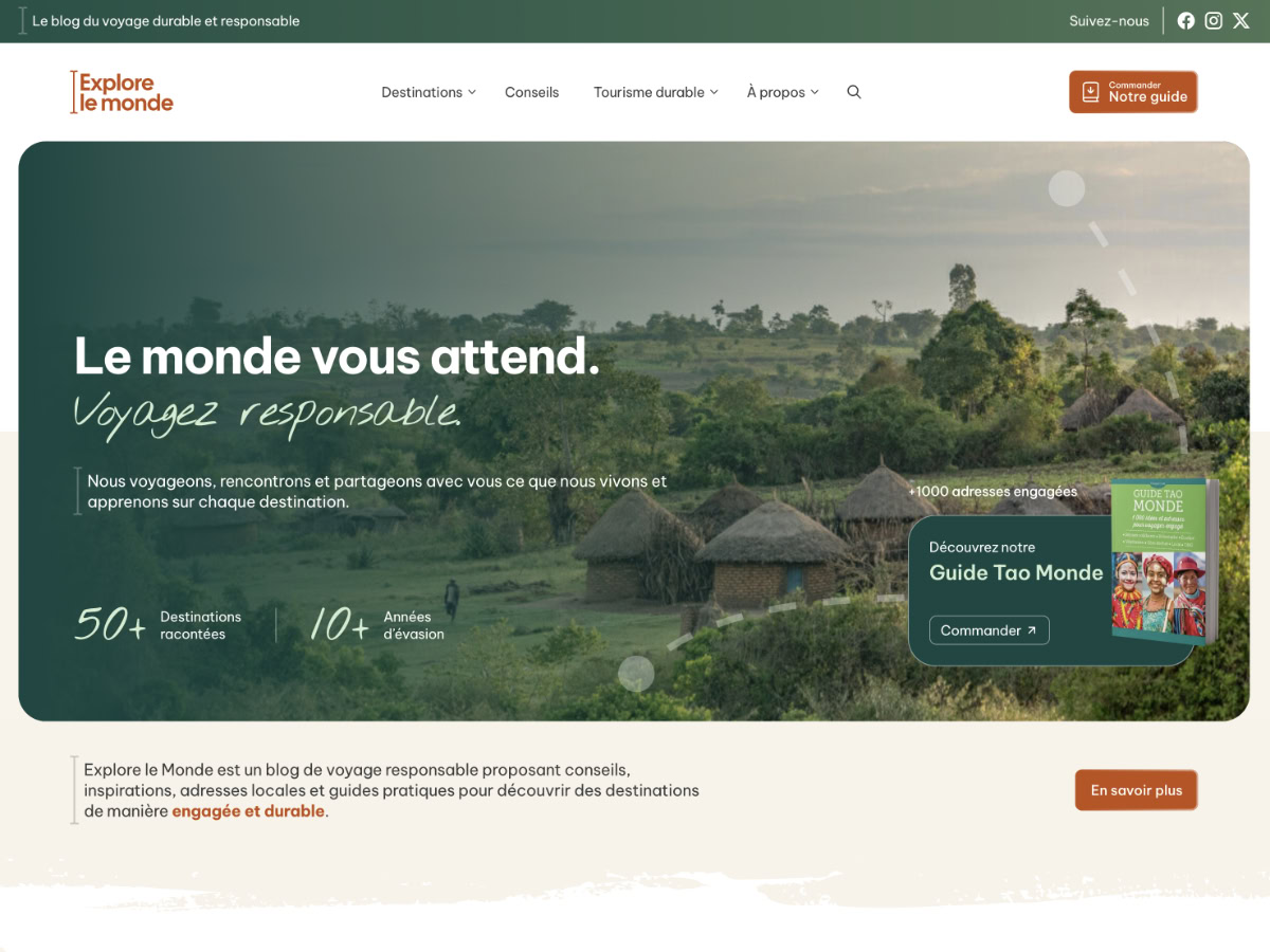 La page d'accueil donne tout de suite le ton : voyage engagé et responsable.