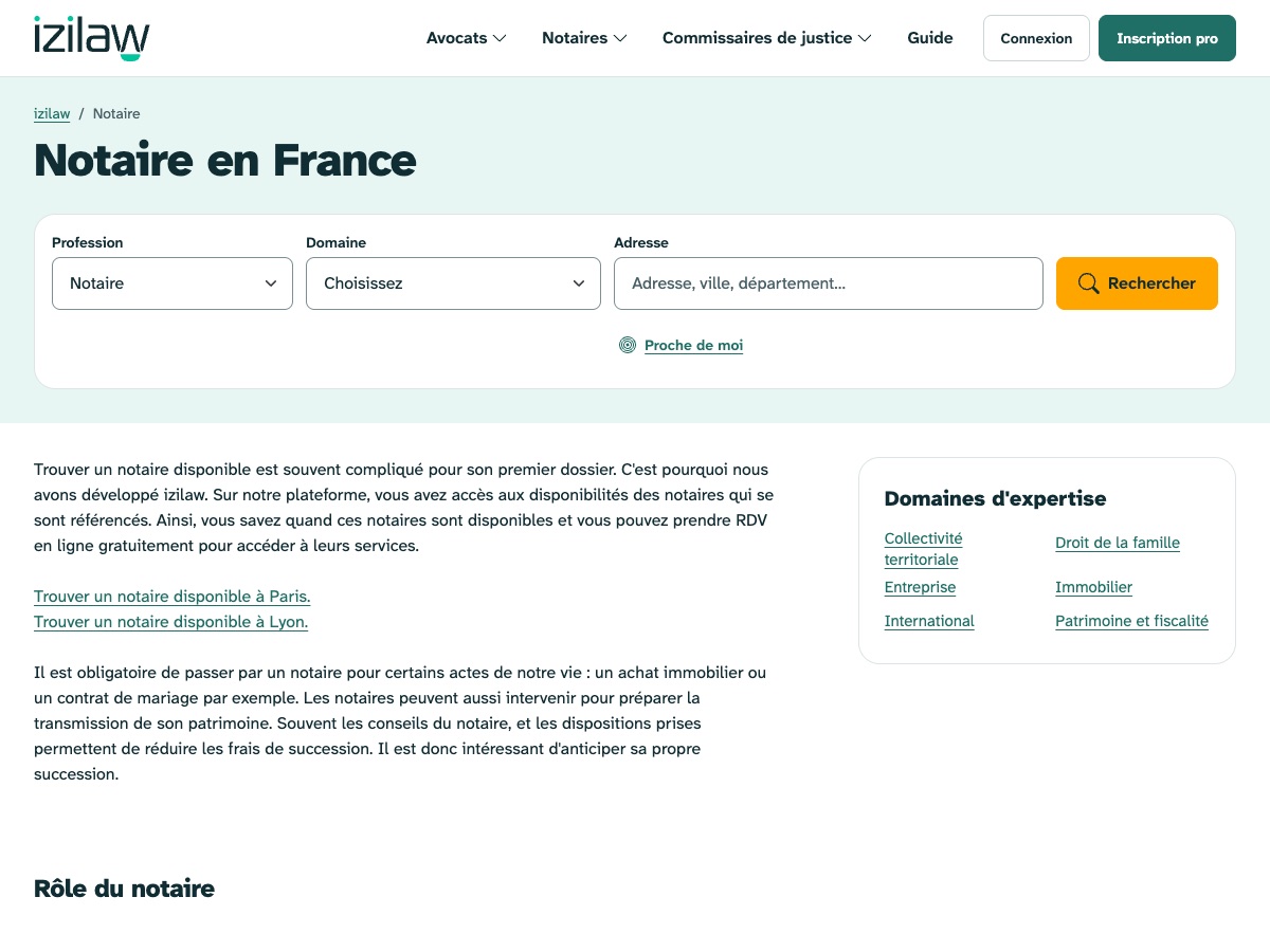 Page Notaire en France sur izilaw.fr