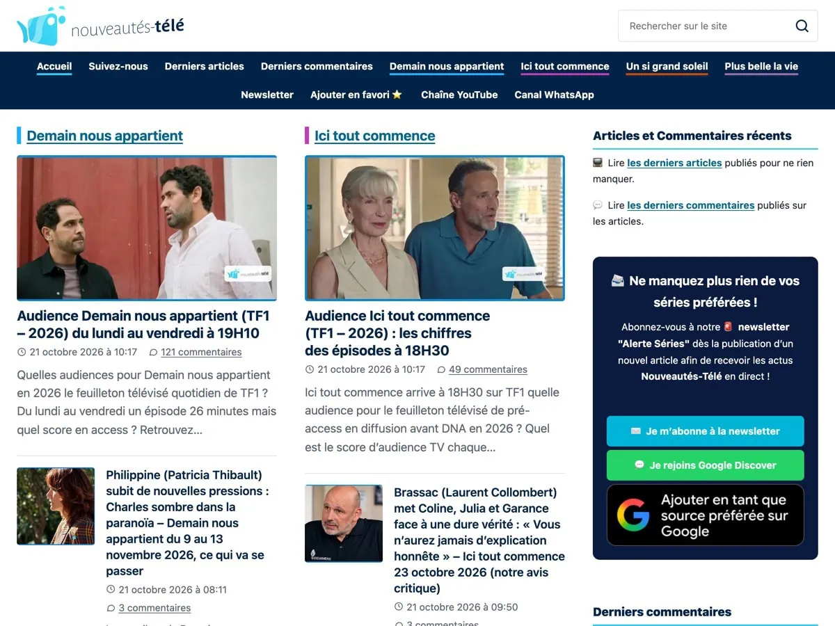 Page d’accueil de nouveautes-tele.com