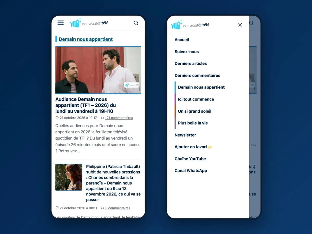 Accueil et menu mobile de nouveautes-tele.com